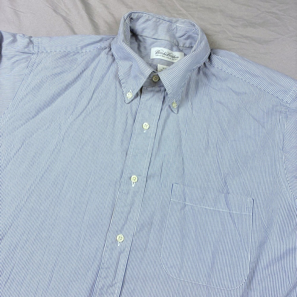 Brooks Brothers Button Down Shirt OCBD 16 33 Blue White Pencil Stripe USA Made